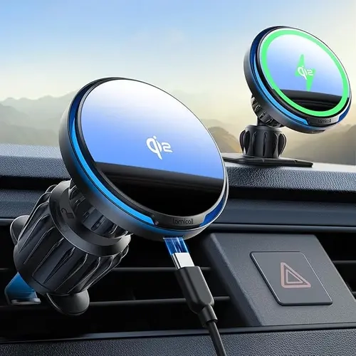 Lamicall 15W QI2 MagSafe Wireless Car Charger Mount, Cars Accessories with RGB LED 360° Rotation, Vent/Dashboard Hands-Free Magnetic Holder for iPhone 17/16/15/14/13/12 Air Pro Max Plus
