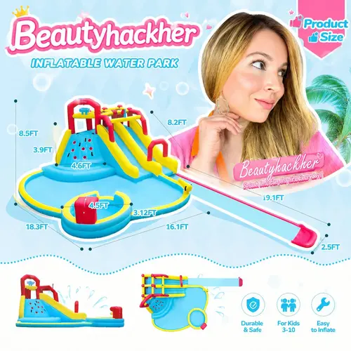 【Beautyhackher Exclusive】XL Inflatable Water Slide with 19FT Attachable Slip and Slide, 7-in-1 Water Park Bounce House for Big Kids, Featuring 2 Slides, Big Climbing Wall, Deep Splash Pool, Water Cannons & 750W Blower