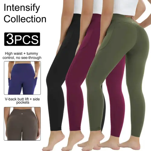 Women's 3-Pack V-Waist Butt Lift High Waisted Leggings - Tummy Control, Side Pockets, Fitness Pants for Yoga, Gym - Athleisure Wear, Sporty Chic Running Gear,sohochic