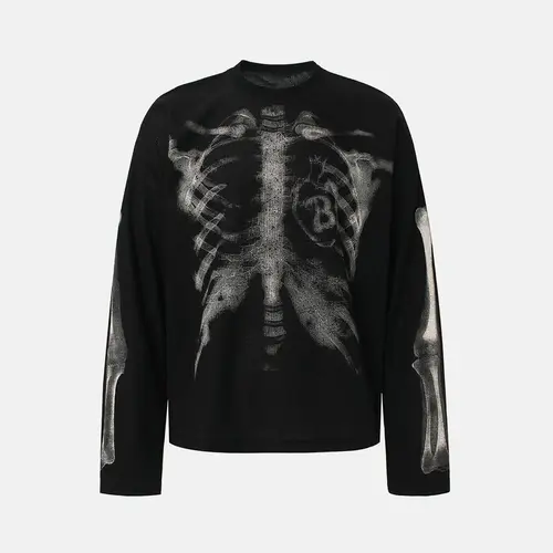 inflation Waffle Oversized Alt Knitwear Long Sleeve Shirt - 65% Cotton 35% Polyester Clothing, Skeleton Ribcage X-Ray Graphic Shirt, Fashion Streetwear Top, Round Neck, XL (Pairs with Jeans),sohochic