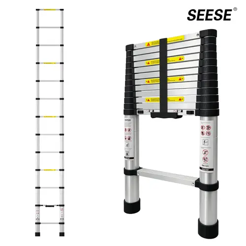 SEESE 12.5 FT Telescoping Ladder, Aluminum Telescopic Extension Ladder 330 lbs, One-Touch Retractable Compact Portable Ladder with Non-Slip Rubber Feet for Home, RV, Loft & Household Use