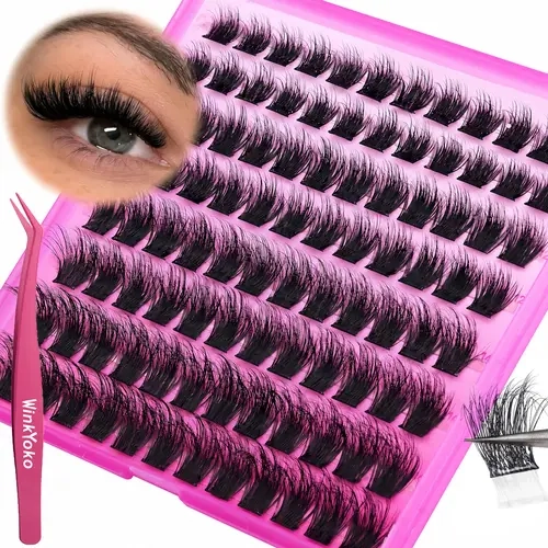 WinkYoko Self-Adhesive Willow Style Lash Clusters Kit with Tweezers - 10-16mm Mixed Length, Ultra-Thin Transparent Band, BASF No-Glue Press-On Lashes, Beginner-Friendly, Soft Glam, Youthful Bold Dramatic Look