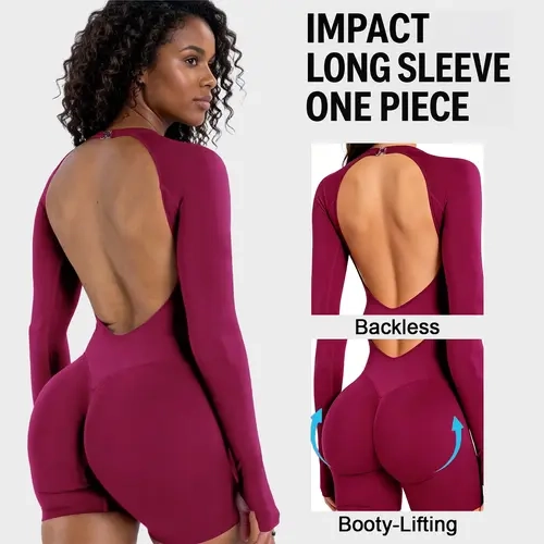 [SIZE UP 1] Impact Long Sleeve One Piece Seamless Scrunch Butt Jumpsuit Tummy Control Sculpting Workout Romper Activewear #BackToSchool