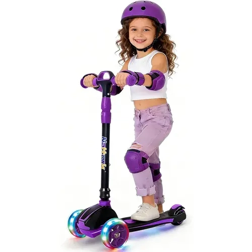 Foldable Kids Kick Scooter for Boys & Toddlers Ages 3-8, 4 Adjustable Heights, 3 Rainbow Glow Wheels, Lean-to-Steer Design, Polymer Deck, 1-Click Lock, Sturdy 120LB Capacity for Outdoor Play