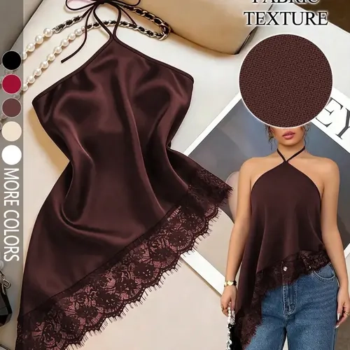Women's Fashionable Chic Sexy Backless Halter Neck Satin Top Fit, Lace Trim Design, Trendy Summer Wear, Suitable for Club Parties, Cocktail Parties & Travel