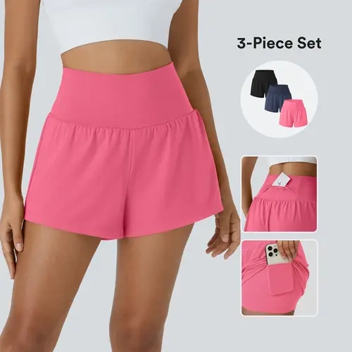 Halara 3-Piece Super High Waisted Back Pocket & Side Hidden Pocket 2-in-1 Yoga Shorts 3" Set #BackToSchool