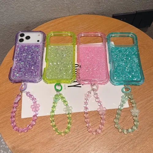 HISTORYOO Defender 3 In 1 Dual Layer Case For iPhone 17 Pro Max 16 15 14 13 12 11 4-Corner Air Protection Candy Color PC Hybrid ResinCasting Glitter Soft Translucent + Beads Bracelet Small-Waist-Design Shockproof Bumper Luxury Protective Cover Phone Strap