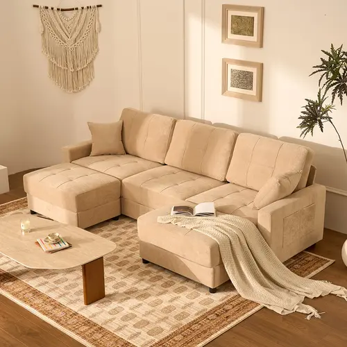 【2 Packages Shipping】 Biscuit Sofa 112" U Shaped Modular Cloud Sectional Couch, Waffle Fabric, Black | Modular Deep Seat Sofa, Movable Ottoman, Pocket Spring Cushions, 2-Box Delivery, Living Room Lounge Use