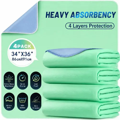 Washable Incontinence Bed Pads, 4 Pack 34" x 36" Reusable Heavy Absorbency Underpads, Soft Protective Liners for Adults, Kids, and Pets, Incontinence Pads, Absorbent Pads