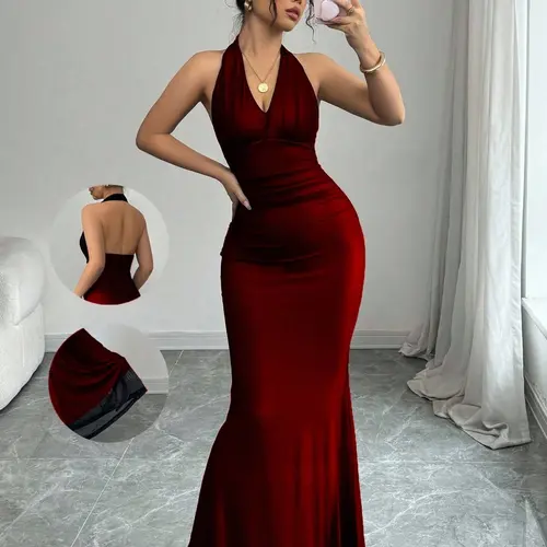 Elegant Bodycon Fish Tail Hem V Neck Waist Pleated Knit Mesh Long Dress, Elegant Party Gown, Suitable for All Seasons, Perfect for Evening Formal Wear