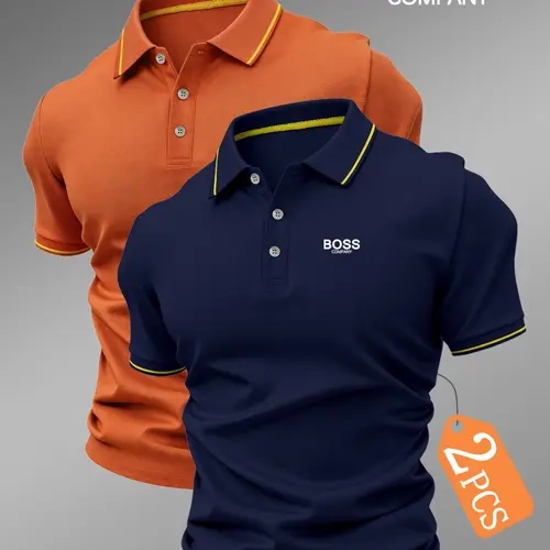 New Men's Golf Polo Shirt Set, Fashionable Boss Logo Print, Collared Stretch Casual Breathable All-Season Comfortable High-Quality Polo Casual Polo Shirts