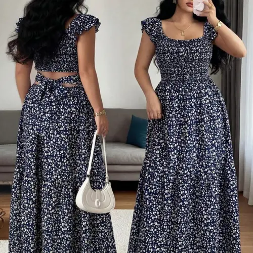 Boho Vacation Style Sexy V-Neck Floral Print Short Sleeve Dress, New Arrival Slimming A-Line Long Dress for Women, Fashionable Bohemian Chic Summer Casual Wear, Boho Printed Dress