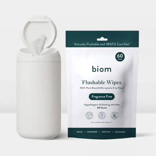 Biom Toilet Wipes Dispenser + 60-Ct Fragrance-Free, Soft, Eco-Friendly Plant Fiber Flushable Wipes for Home Care