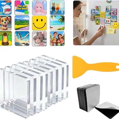 Acrylic DIY Square Fridge Magnets Set with Adhesive Backing - Photo Frames for Crafts, Kitchen, Home Decor Use,sohochic