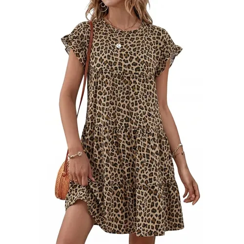 Wenrine Women's Boho Ruffled All Over Floral Print Short Sleeves Babydoll Mini Tunic Dress - Soft Loose Swing Fabric, Casual Wear, Homecoming Apparel