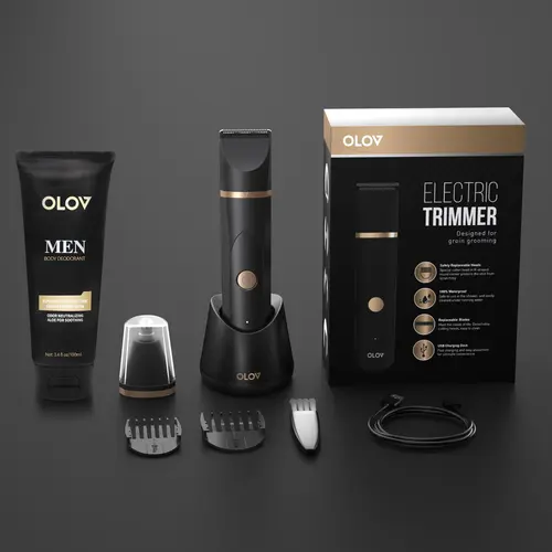 OLOV Male Use Groin & Body Trimmer, Multifunctional Rechargeable Cordless Hair Groomer with Safe Ceramic Blade, Anti-Nick Waterproof Showerproof Hair Trimmers & Clippers Kit with Charging Dock, Showerproof Body Trimmer