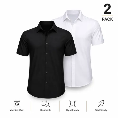 VILIGO 2 Pack Men's Dress Shirts, Short Sleeve Stretch Athletic Slim Fit Button Down Shirts for Men, Business Casual Solid Shirts Botton Down Minimalist Slim Fit