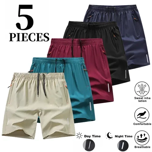 Men's Plain Casual 5-Pack Pocketed Athleisure Gym Shorts - Dry-Fit, Breathable, XL Men's Clothing with Zip Pockets, Drawstring, Gym Workout Apparel, Activewear, Sportswear for Athletic Training