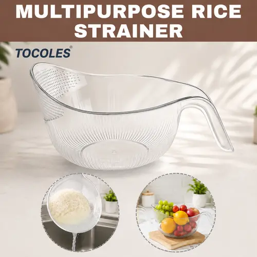 Aesthetic Multifunctional Rice Strainer with Handle - Sturdy BPA-Free Transparent Plastic Kitchen Utensils, Colander for Draining Vegetables, Fruits, Cheese, Coffee Dispenser Set