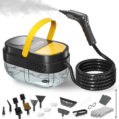Portable Steam Cleaner Accessory Kit - 1.69 Qt Large Tank, 15 Cleaning Brushes, 3-Level Adjustable Handle, Fast Heat-Up, Heat-Resist, for Home, Car, Windows Dirt & Grease Cleaning