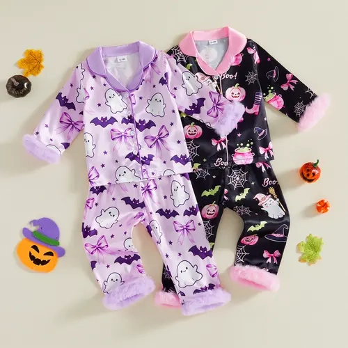 Halloween Pajamas Kids Pjs Set Toddler Baby Girl Silk Fuzzy Long Sleeve Top Pants Set Matching Sleepwear Loungewear