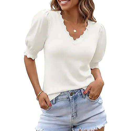Saodimallsu Women's Cute V-Neck Pullover with Puff Sleeves, Dainty Ruffle Knitwear for Trendy Summer Women's Fashion, Clothes For Women,back to school,back to school shopping,clothes for back to school,first day of school outfits,sohochic