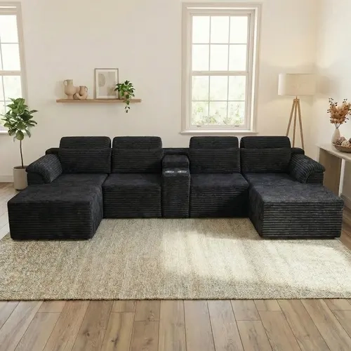 Modern Modular Corduroy Sectional Sofa, L Shaped Corner Couch with Built-in Cup Holders & Movable Ottoman for Living Room Apartment