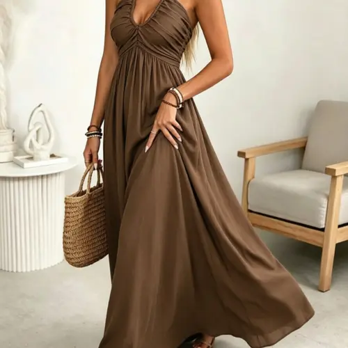 Women's A-Line Dress, Casual Long Dress, Sleeveless Halter Backless, Elegant Chic Tie Details, Elastic Waist, Boho Style, Bohemian, Casual, Summer Fashion, Perfect for Daily Wear