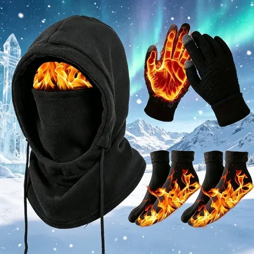 Unisex Adults' 3-4 Piece Plain Winter Warm Sports Gear Set - Windproof Full Face Ski Mask Sports & Outdoor Hats, Hooded Jacket, Gloves, Thermal Socks - Extreme Cold Skiing Gear, Hand Washable Ideal Gift