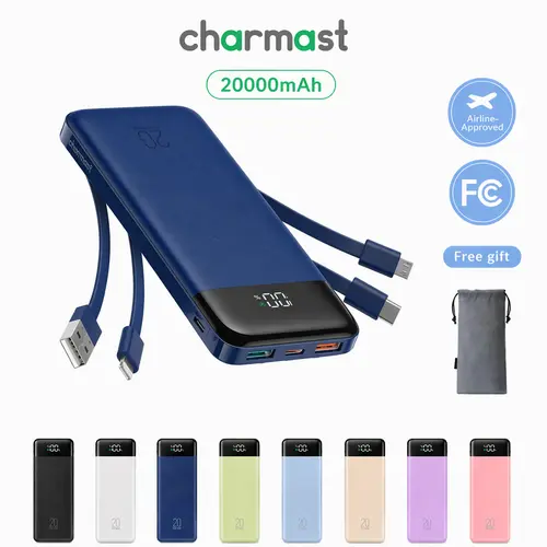 charmast 20000mAh Portable Charger with Built in Cables, 22.5W Travel Power Bank Fast Charging, USB C Cell Phone Battery Pack for iPhone 16/15/14/13/12/11 Series, iPad, Samsung, Android, Tablet