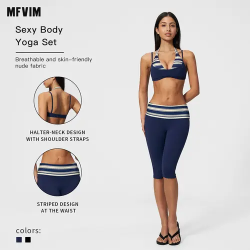 MFVIM Women’s breathable striped “naked feel” activewear set — two piece yoga/fitness outfit featuring a halter neck, V neck top, high waisted tummy control, and 7/8 length leggings.,back to school,back to school haul,sohochic