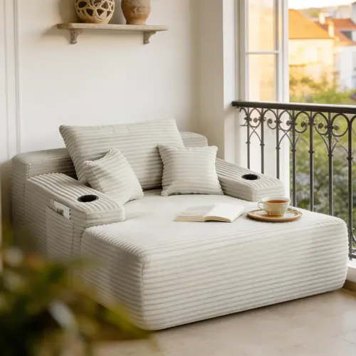 Niccae 1-Seat Oversized 2-in-1 Convertible Chaise Lounge Couch - Durable Corduroy Texture, Plush Foam-Spring Support, Fixed Arms, Striped Throw Pillows, Cup Holder, Boneless Sleeper Sofa Bed, Fully Assembled, Beige Modern Indoor Furniture,sohochic