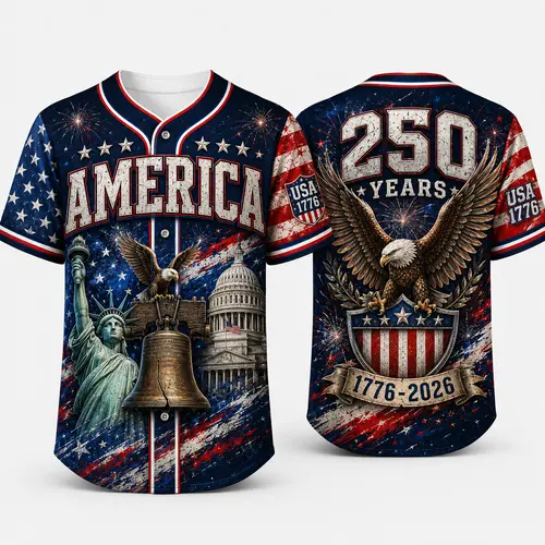 2026 USA 250 Navy Button Down Baseball Jersey for Men, America Eagle Bell Capitol Statue Graphic, 250 Years Anniversary Back Print, Red White Blue Patriotic Short Sleeve Baseball Top for July 4th Game Day Party