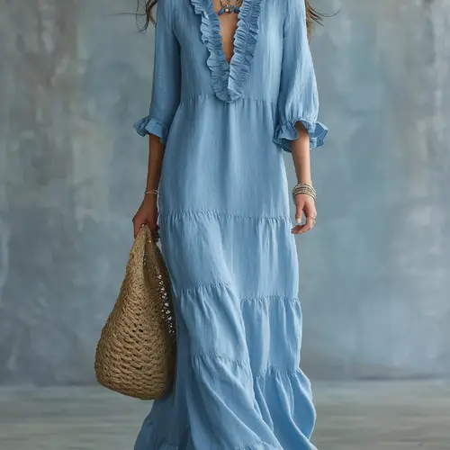 New Bohemian Style Dress for Women, Ruffled Sleeve Deep V Neck Loose Solid Color, Summer Vacation Beach Travel Photo Long Dress