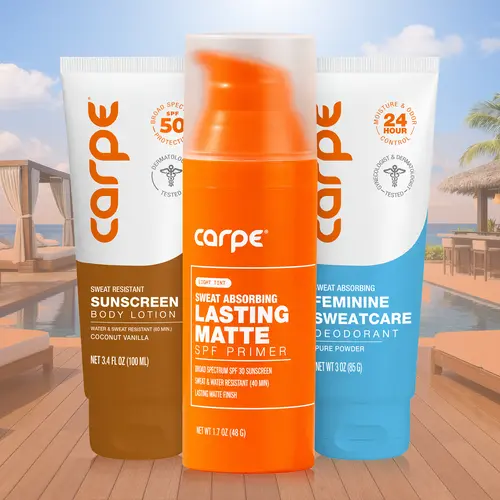 Carpe Hot Girl Summer Set - Sweat Resistant SPF50 Sunscreen, Feminine Deodorant & Matte Face Primer
