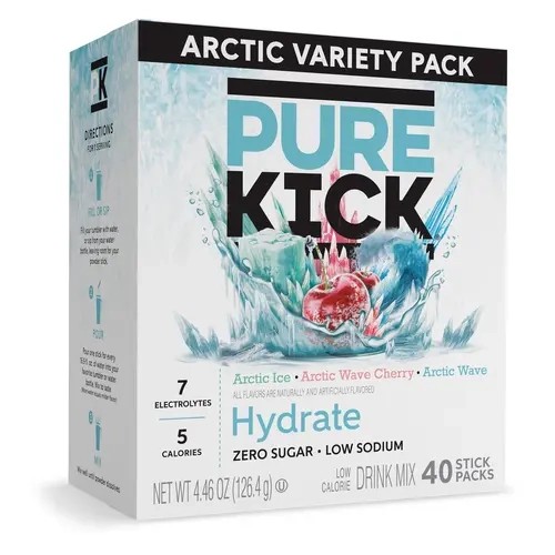 Pure Kick Sugar-Free Hydration Powder Drink Sticks - 40-Stick Arctic Ice Variety Pack, with Vitamin C, Chromium Picolinate, Zinc Gluconate, Acesulfame Potassium, Low Calories, Mix in Seconds, Gym-Bag Ready, Sugar-Free Sip