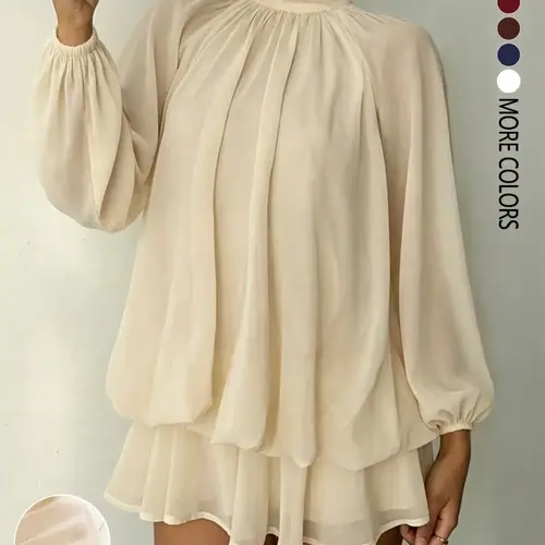 Women's Fashionable Elegant Casual Ruffled Solid Color Long-Sleeved Dress with Pleated Stand Collar, Suitable for Everyday Outings, Dates, Parties and Clubs