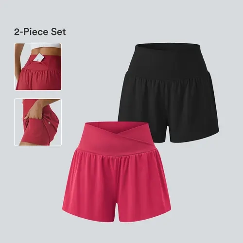 Halara 2-Piece Set SoftlyZero Airy Super High Waisted 2-in-1 InstantCool Yoga Shorts & Crossover High Waisted 2-in-1 InstantCool Yoga Shorts with Pockets #BackToSchool