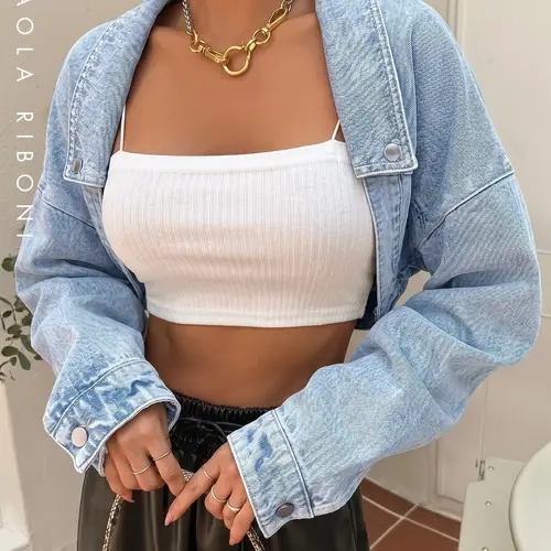Oversized Washed Cropped Denim Jacket Women Y2K Vintage Loose Short Jean Coat Streetwear Casual Everyday Lapel Button Up Crop Top Outfit