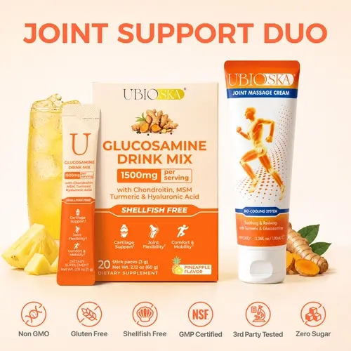 UBIOSKA Joint Support Duo | 1500mg Shellfish-Free Glucosamine Drink Mix (20 Stick Packs) + Joint Massage Cream (3.4 fl oz) | Inside-Out Support for Cartilage, Mobility & Long-Term Joint Health | With Chondroitin, MSM, Turmeric & Hyaluronic Acid, Drink Mix