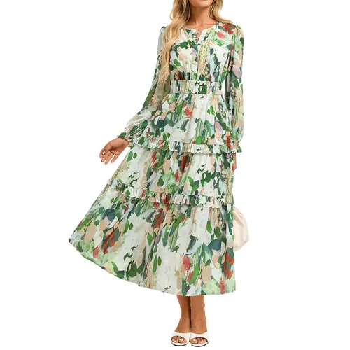 【Grace Karin】Women's Chic Polyester Floral Print Long Sleeve V-Neck A-Line Chiffon Dress - Ankle-Length, Ruffled, Modest Hem, Pockets, Casual & Wedding Outfits