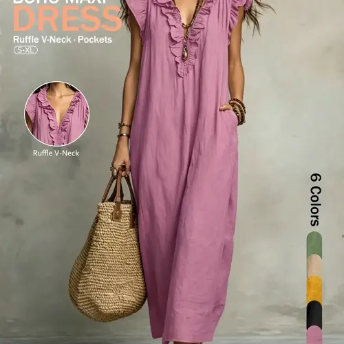 Women's Ruffle V-Neck Long Dress, Elegant Summer Flutter Sleeve Loose Fit, Stylish Boho Design for Warm Weather & Casual Wear, Maxi Dress