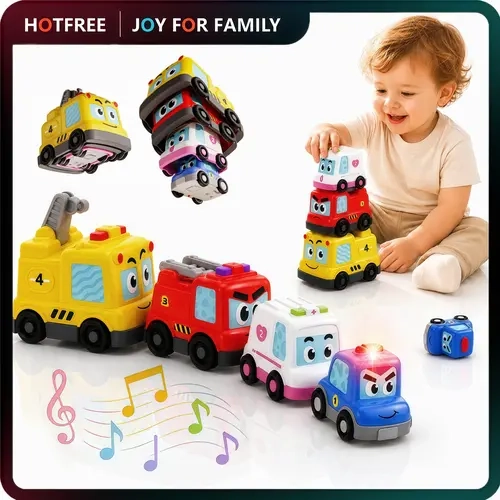Hotfree 4‑in‑1 Montessori Toy Cars Set, Stacking Nesting Magnetic Following Toddler Toys for 1‑2 Year Old, Sensory Toy with Lights & Music, STEM Educational Baby Toy, Christmas Birthday Gifts for Kids Boys & Girls