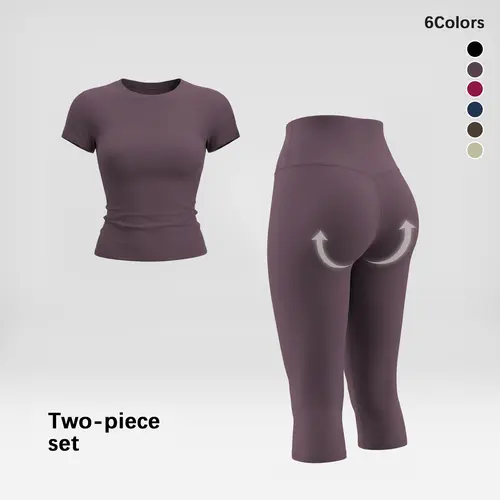 Women's 2-Piece Capri Gym Workout Apparel Set - Slim-Fit Short Sleeve Quick Dry T-Shirts, High-Waist Tummy Control Butt Lifting Leggings, Polyester Matching Sets for Women,sohochic