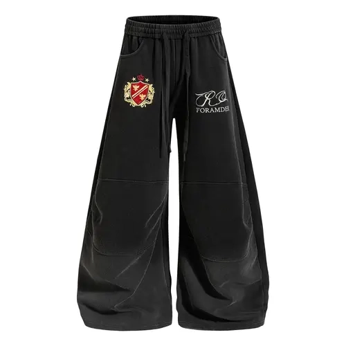 Inflation Gradient Wash Sweatpants Crown Crest Embroidery Cursive Letter Print Seam Panel Baggy Wide Leg Streetwear Casual Pants,clothes for back to school,first day of school outfits,sohochic