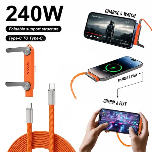 240W Power Type-C to Type-C 2-in-1 Fast Charging & Data Charger Cable, 90° Angle, 480Mbps Speed, Detachable Stand Frees Your Hands, Gaming Ready for Smartphones & Devices (Office Use)