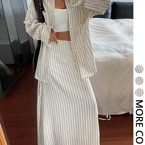 Women's Casual Striped Long Sleeve Button Loose Shirt and Skirt Set, Spring & Fall Fashion, Slim-Fitting Suit, Plain Pattern