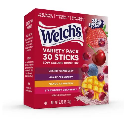 Welch's Cranberry Grape Variety Pack Hydration Powder Drink Stick Packs - 30 Beverage Mix Packets, Vitamin C, Sugar Free, Gluten Free, Low Calories, Singles To Go, Fruit Beverage, US
