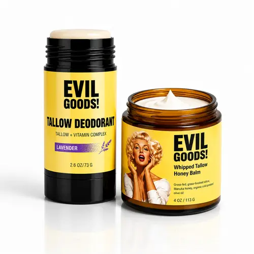 EVILGOODS Whipped Tallow Balm & Tallow Deodorant Bundle, Organic Olive-Infused Gentle Daily Body Care for Beauty & Personal Care Needs, Honey, Smooth, Sensitive, Moisturizer, Nourishing, Adults