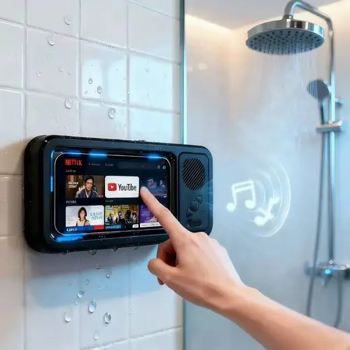 Waterproof Portable Mobile Smartphone Mount - 360° Rotatable Plastic Phone Stand, Bluetooth Sound, Hands-Free Adjustable Touch Screens Accessory for Multi-Device Holder, Shower Streaming Use